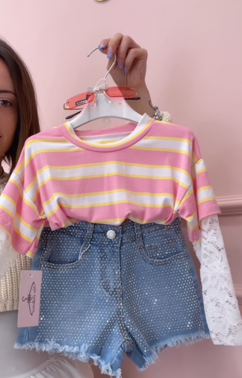 MAGLIA RIGHE CON MANICA IN PIZZO